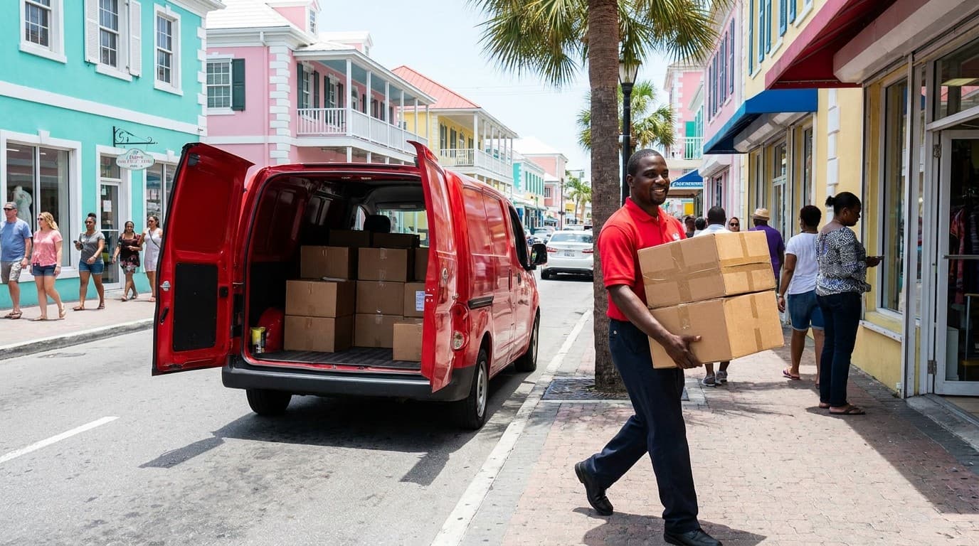 A red Gofadis van delivering to a pastel Nassau shopfront on a bright Caribbean day